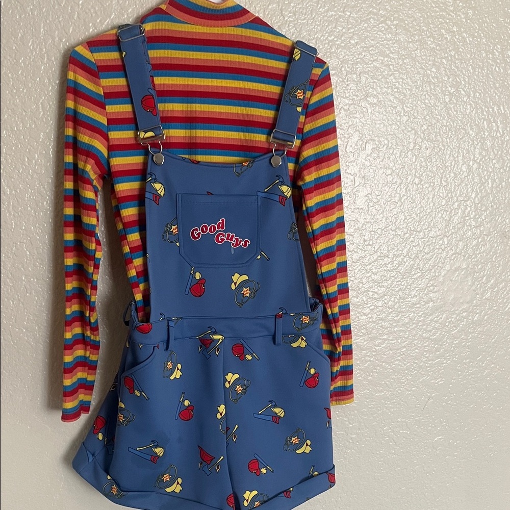 Blue Overalls with Rainbow Striped Shirt
